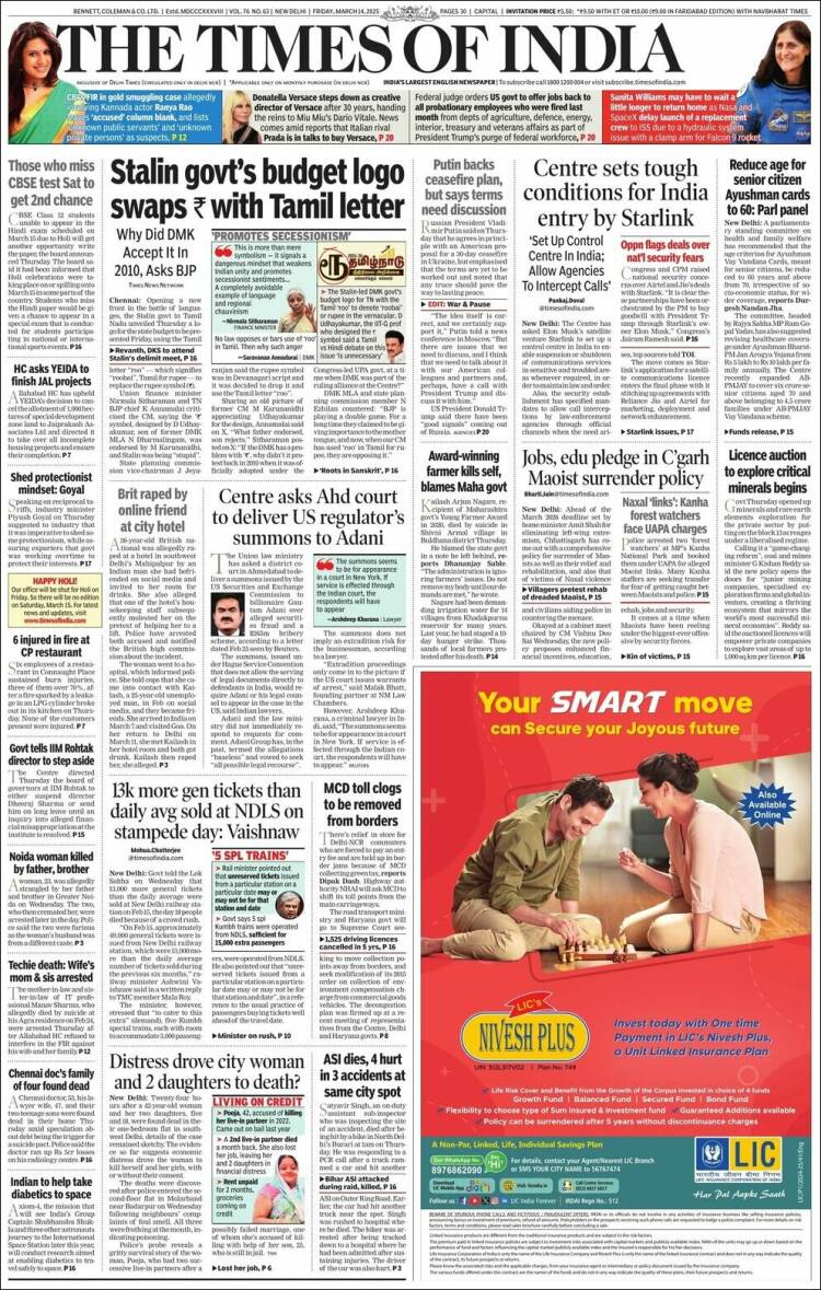 Portada de The Times of India (India)