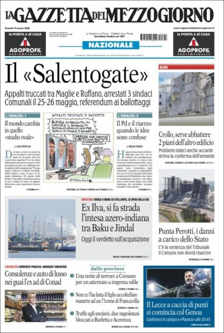 Portada de La Gazzetta del Mezzogiorno (Italia)