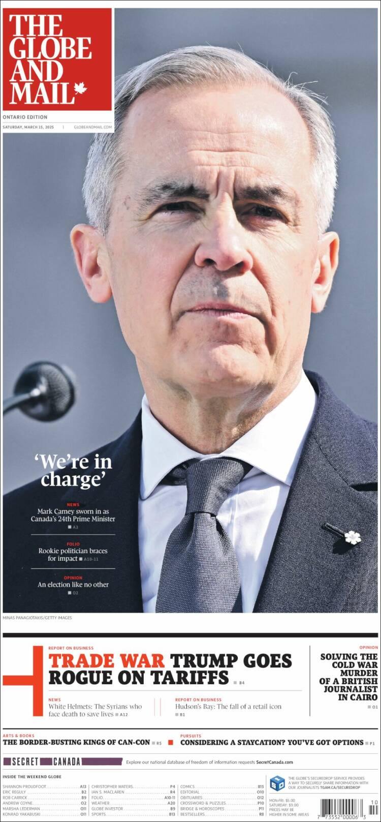 Portada de The Globe and Mail (Canadá)