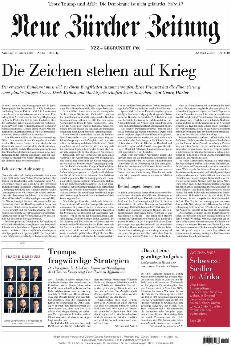 Portada de Neue Zürcher Zeitung (Suiza)