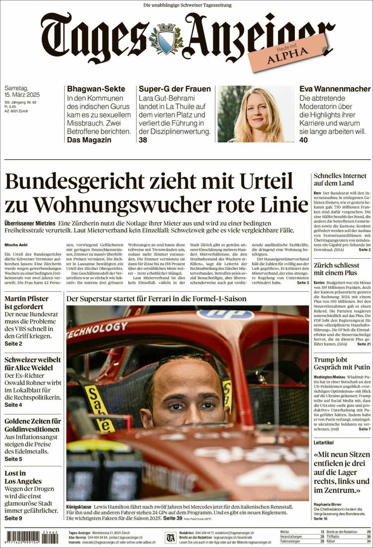 Portada de Tages-Anzeiger (Suiza)