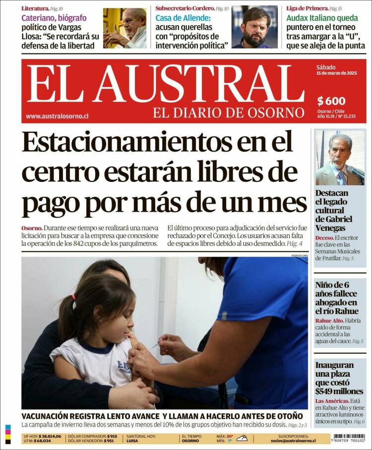 Portada de El Austral de Osorno (Chile)