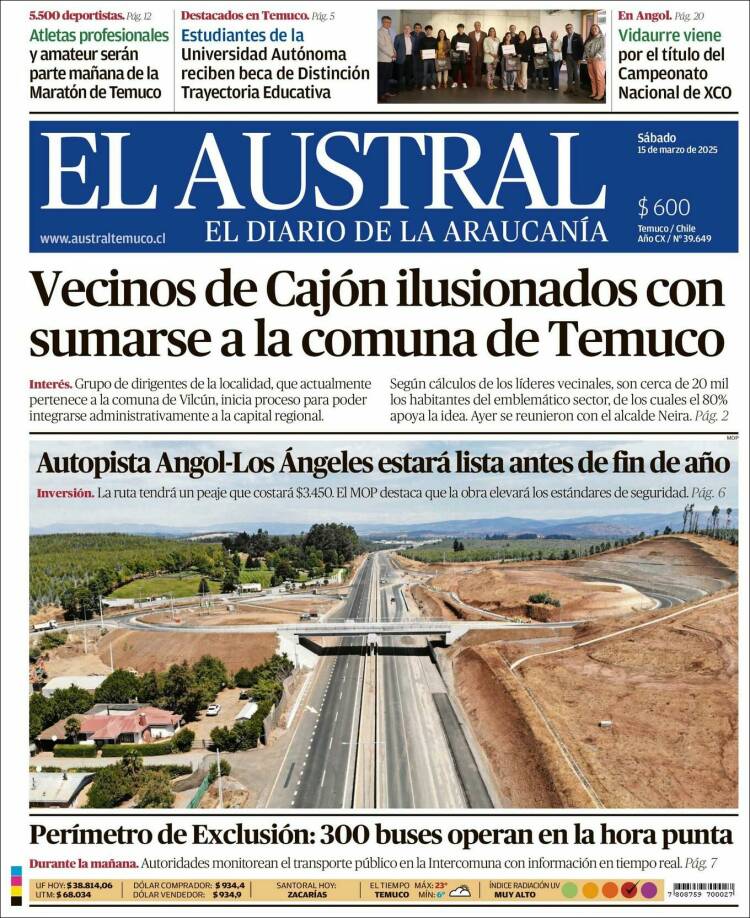 Portada de El Austral de Temuco (Chile)