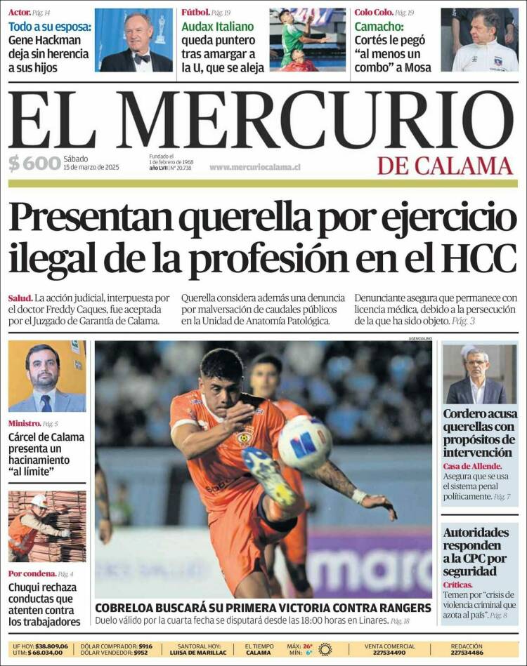 Portada de El Mercurio - Calama (Chile)