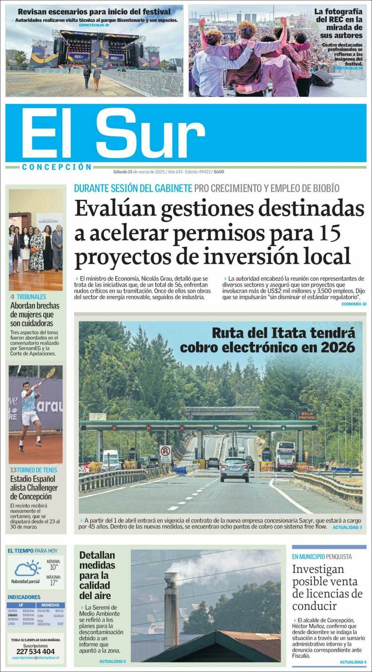 Portada de El Sur (Chile)