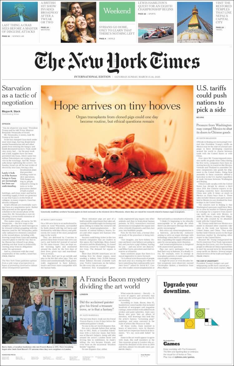 Portada de International New York Times (Europa)