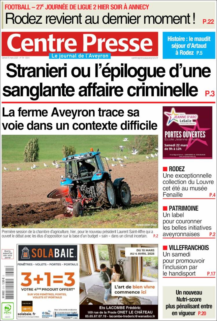 Portada de Centre Presse (Francia)