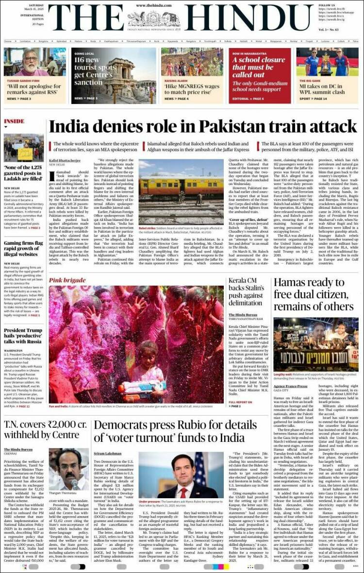 Portada de The Hindu (India)
