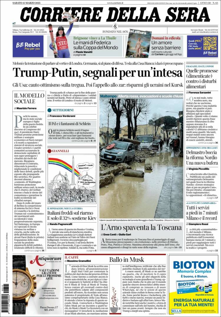 Portada de Corriere della Sera (Italia)