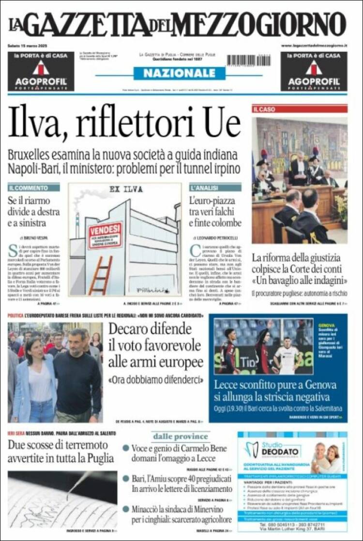 Portada de La Gazzetta del Mezzogiorno (Italia)