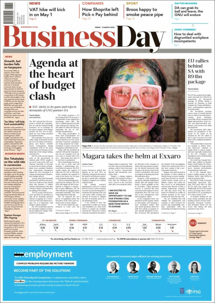 Portada de Business Day (Sud&aacute;frica)