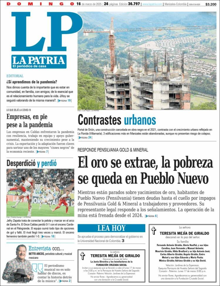 Portada de La Patria (Colombia)