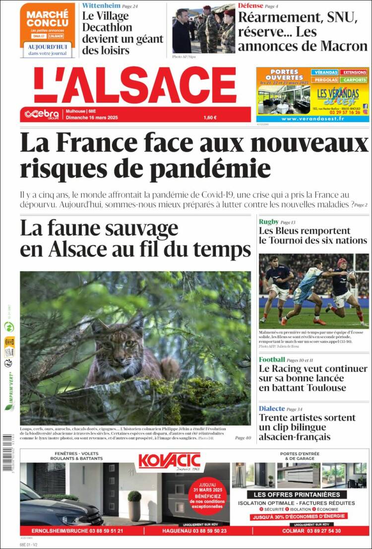 Portada de Journal L'Alsace (Francia)