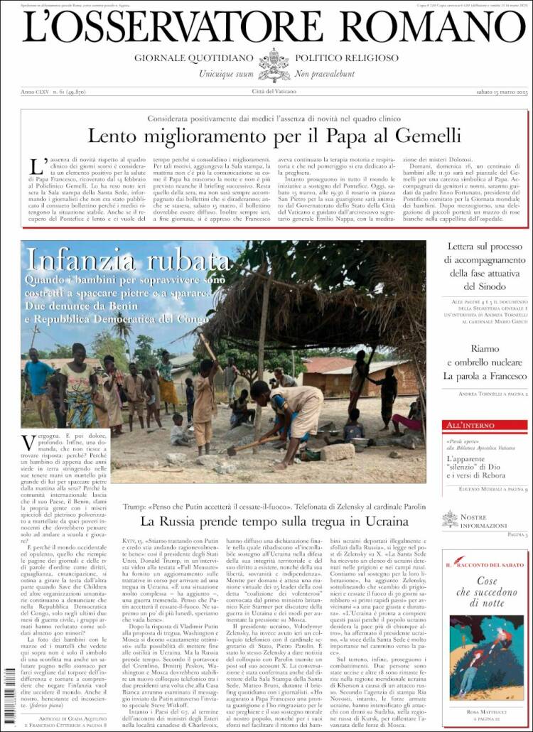 Portada de L'Osservatore Romano (Italia)