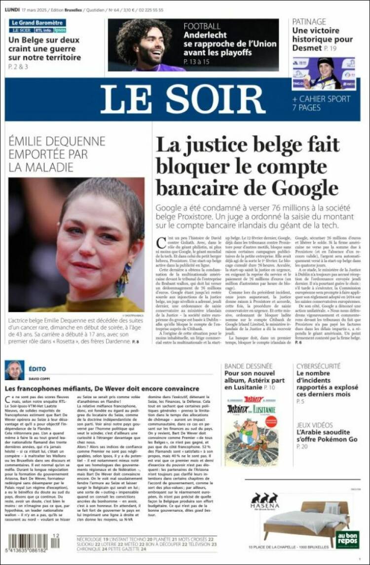 Portada de Le Soir (Bélgica)