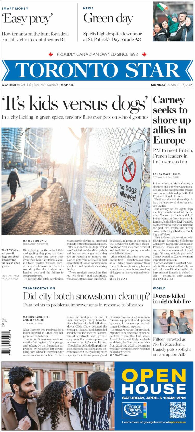 Portada de The Toronto Star (Canadá)