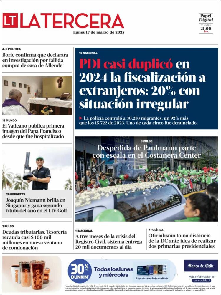 Portada de La Tercera (Chile)
