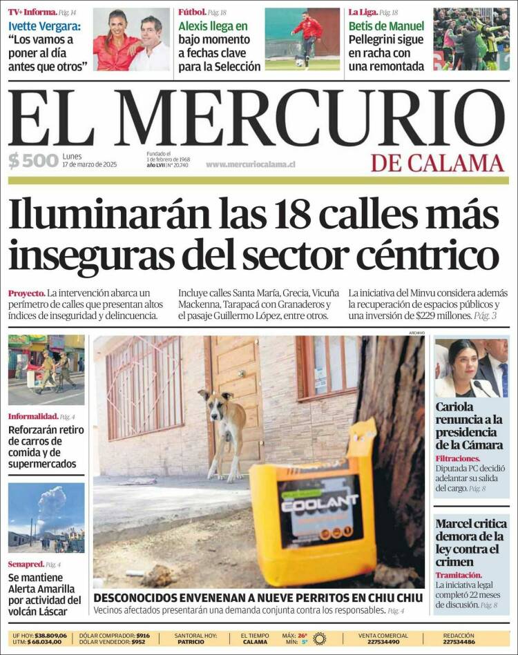 Portada de El Mercurio - Calama (Chile)