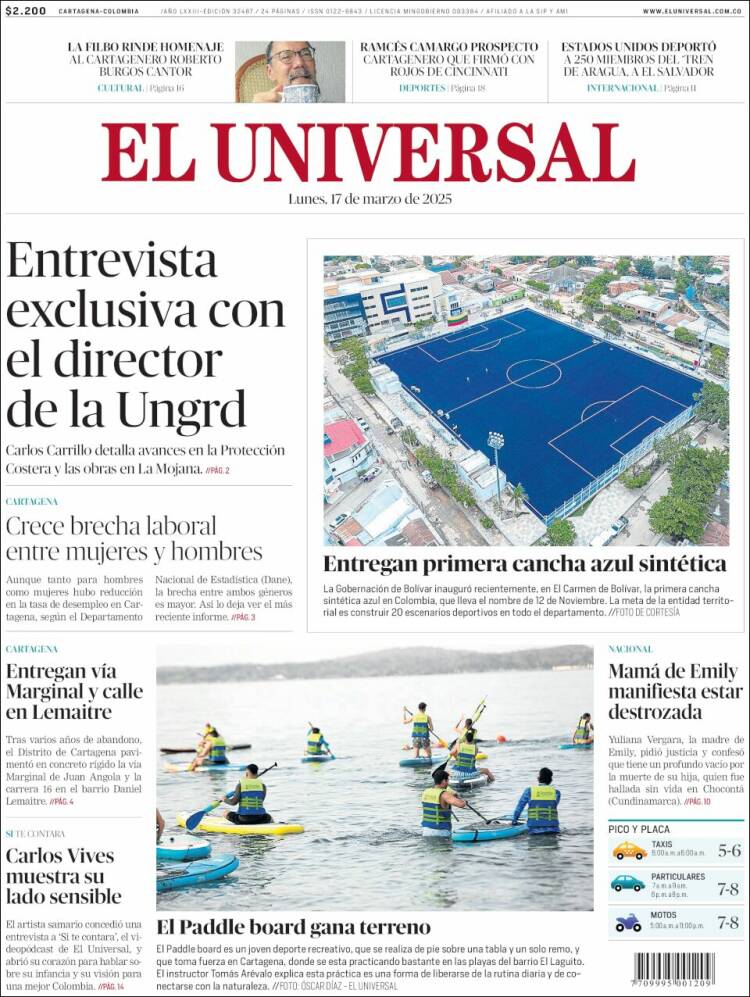 Portada de El Universal (Colombia)