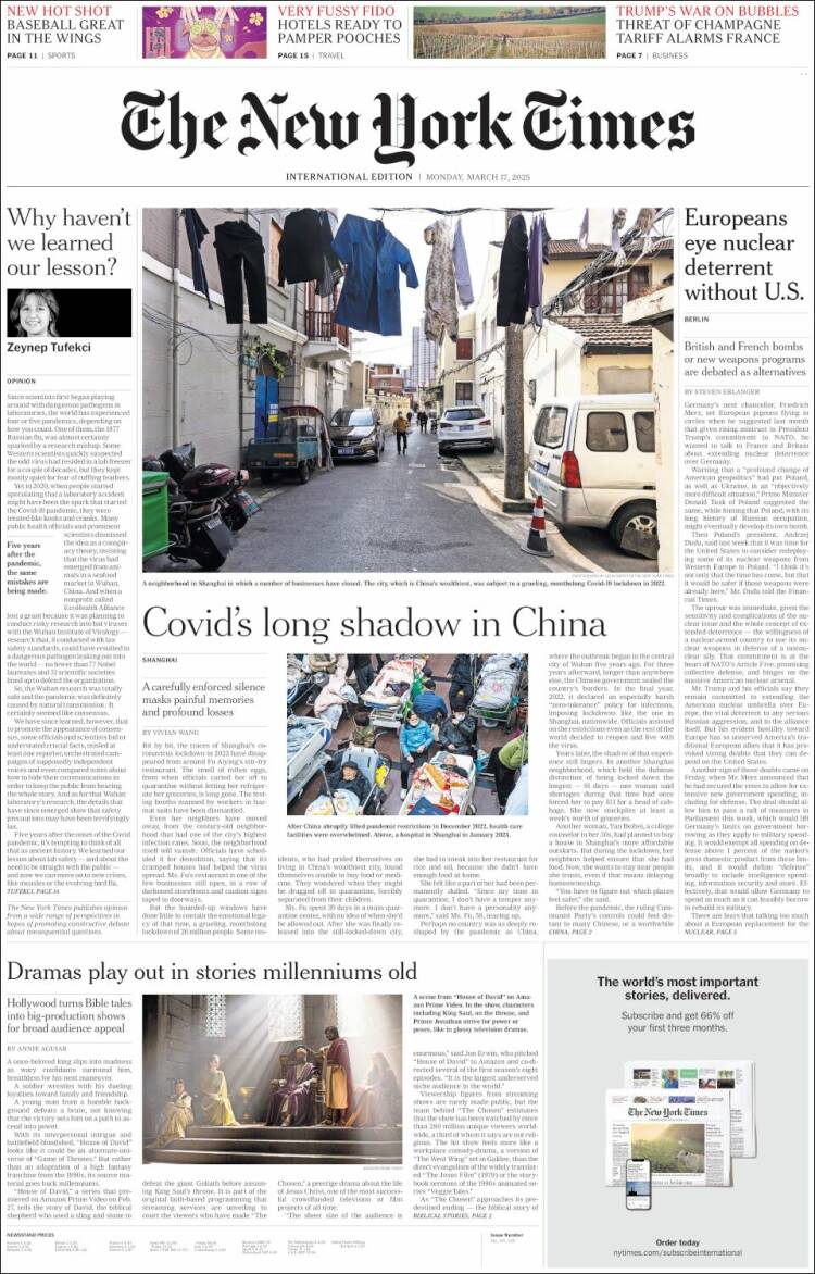 Portada de International New York Times (Europa)