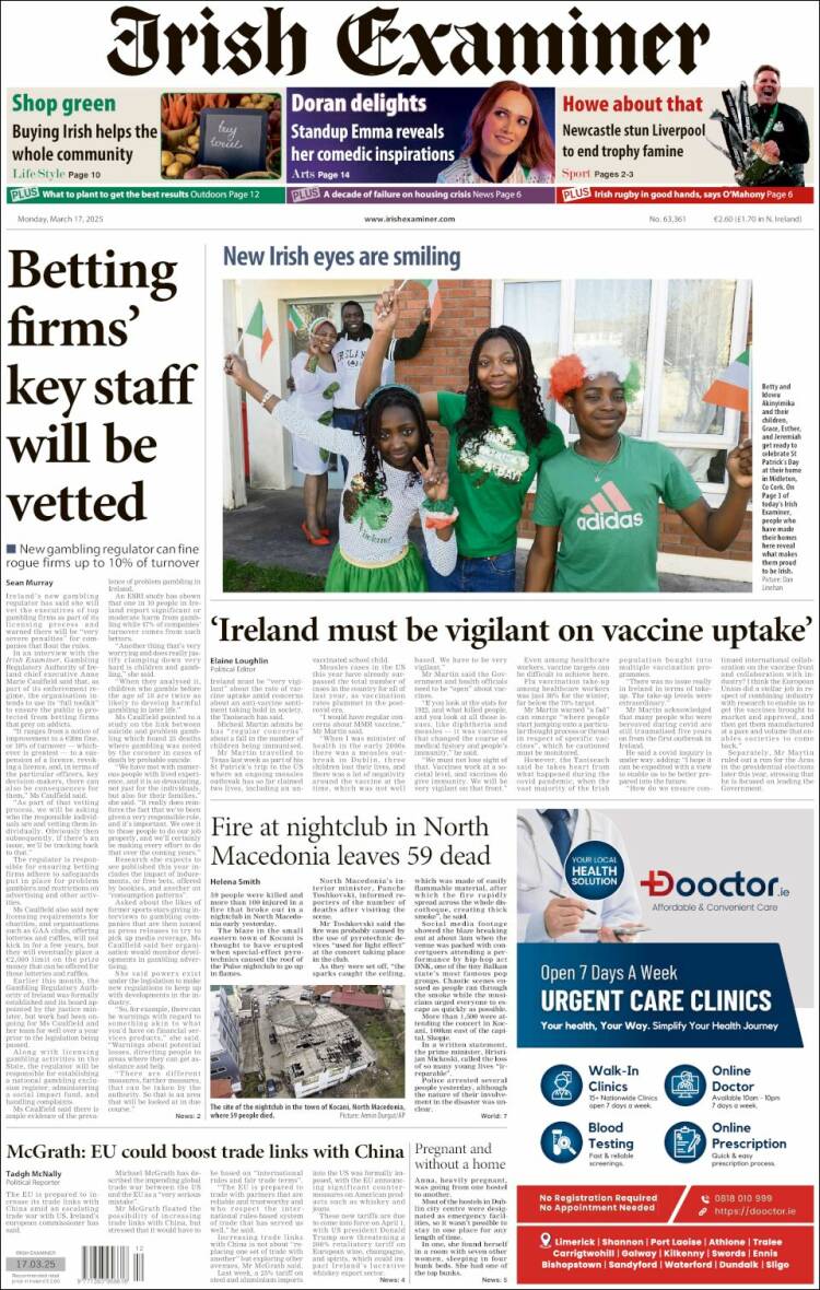 Portada de Irish Examiner (Irlanda)
