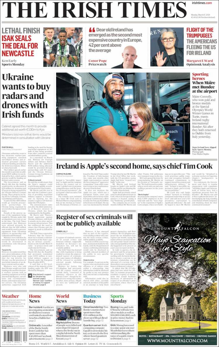Portada de Irish Times (Irlanda)