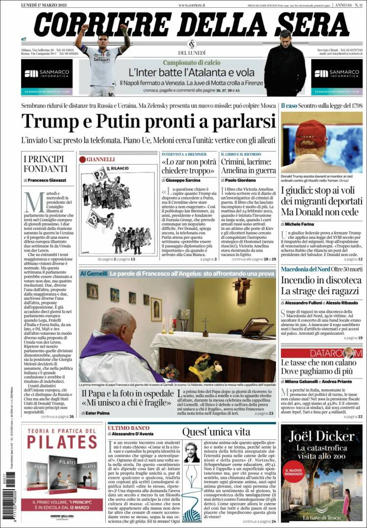 Portada de Corriere della Sera (Italia)