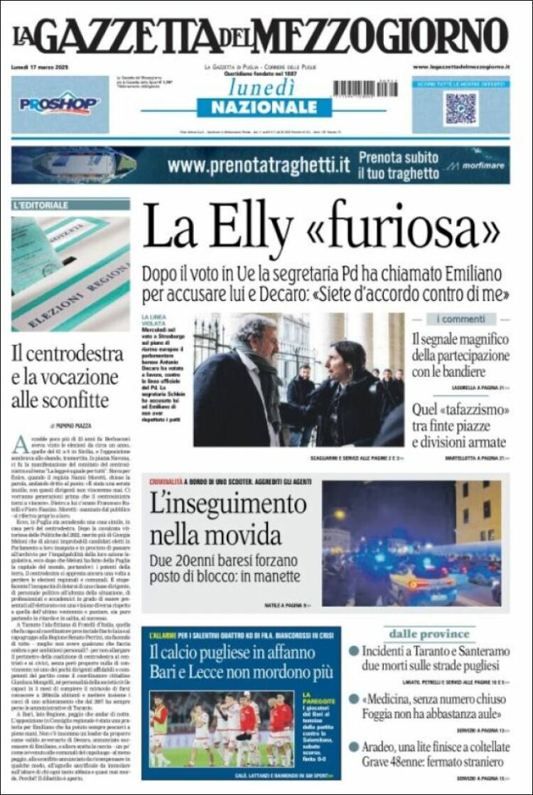 Portada de La Gazzetta del Mezzogiorno (Italia)