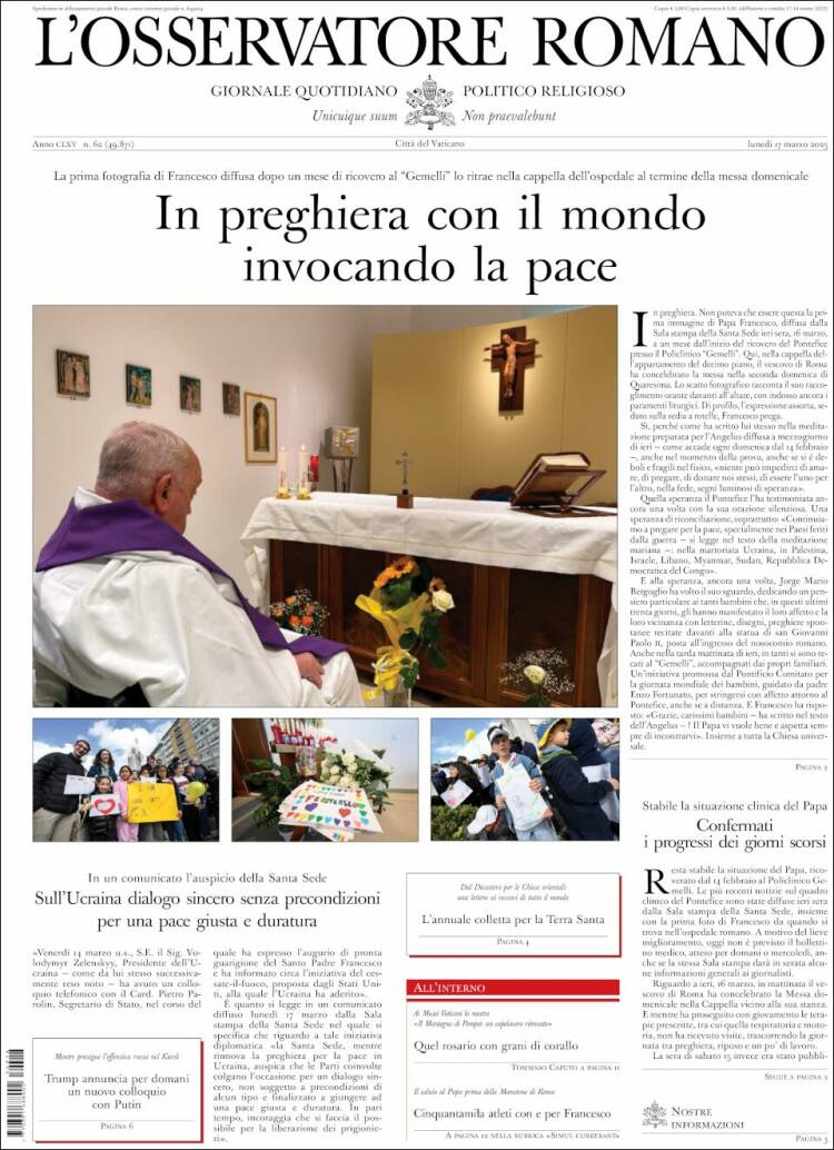 Portada de L'Osservatore Romano (Italia)