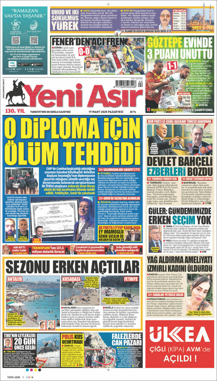 Portada de Yeni Asır (Turqu&iacute;a)