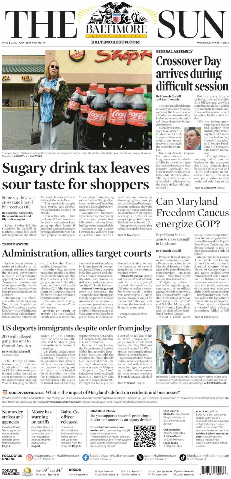 Portada de The Baltimore Sun (USA)