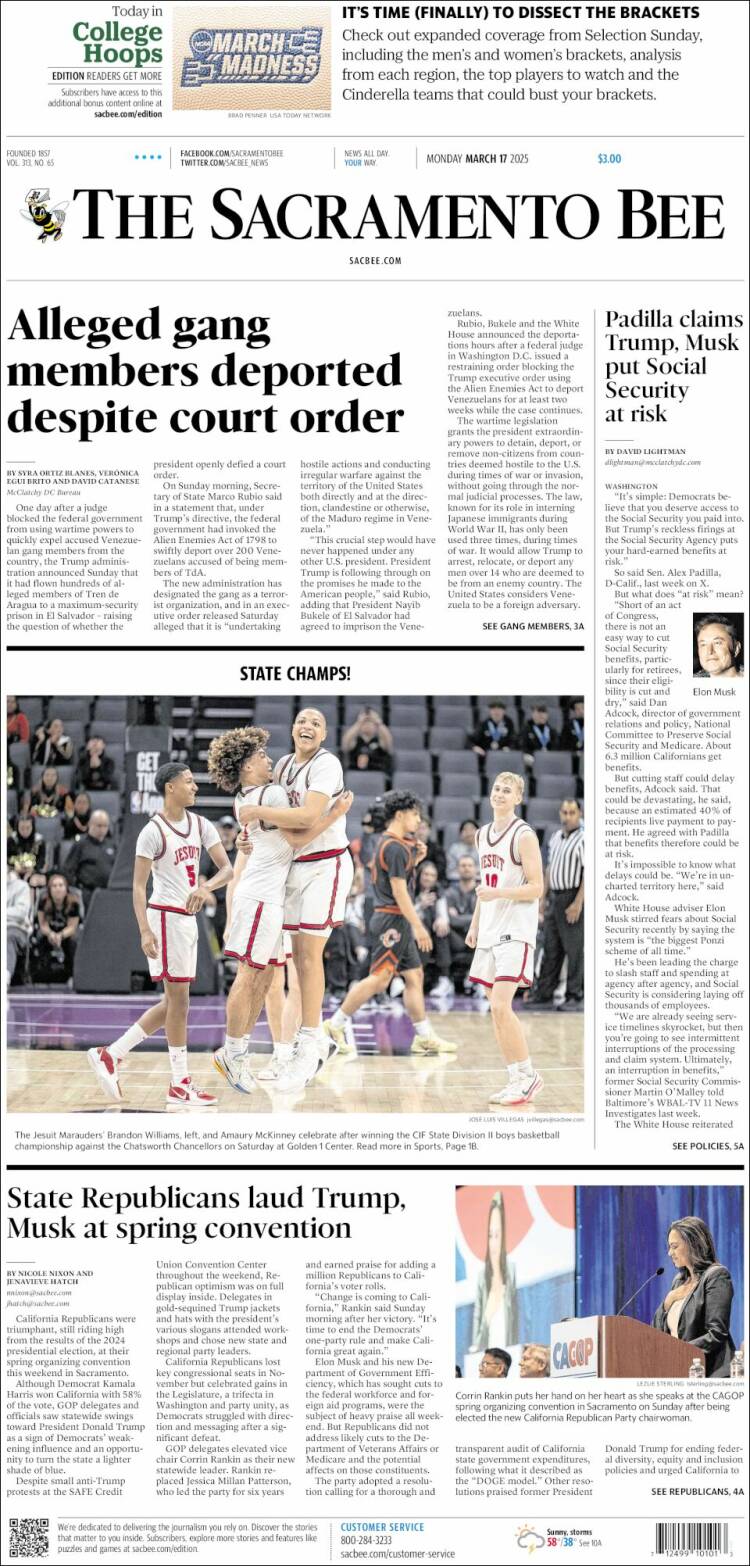 Portada de The Sacramento Bee (USA)