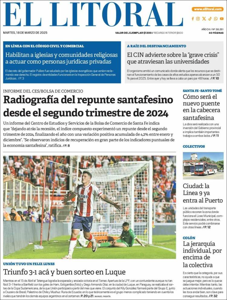 Portada de Diario El Litoral (Argentina)