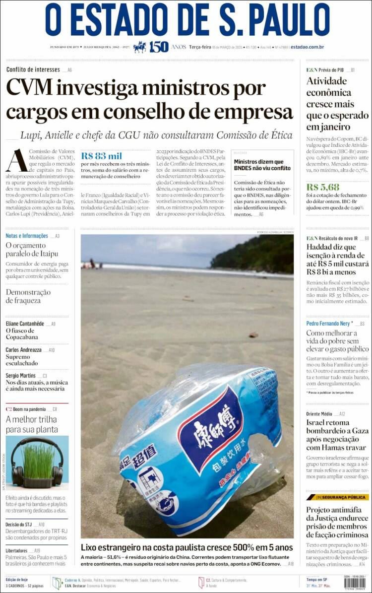 Portada de O Estado de São Paulo (Brasil)