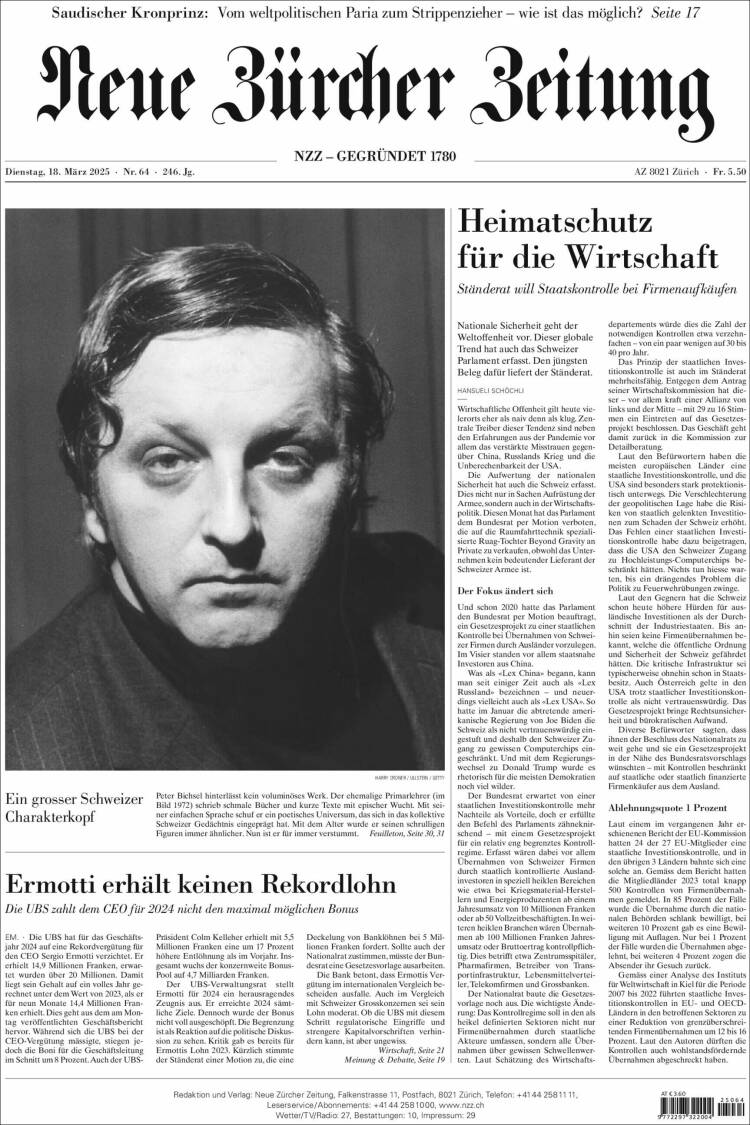 Portada de Neue Zürcher Zeitung (Suiza)