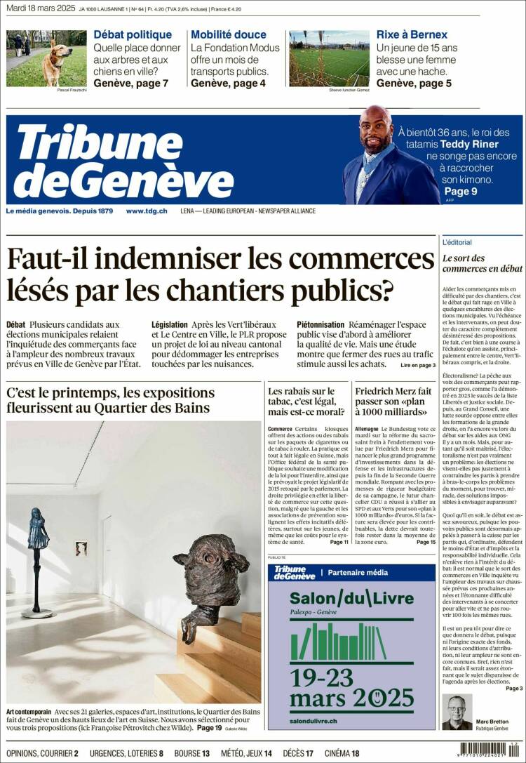 Portada de La Tribune de Genève (Suiza)