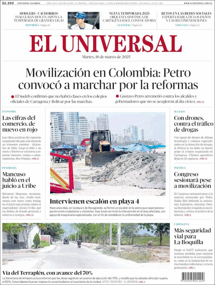 Portada de El Universal (Colombia)
