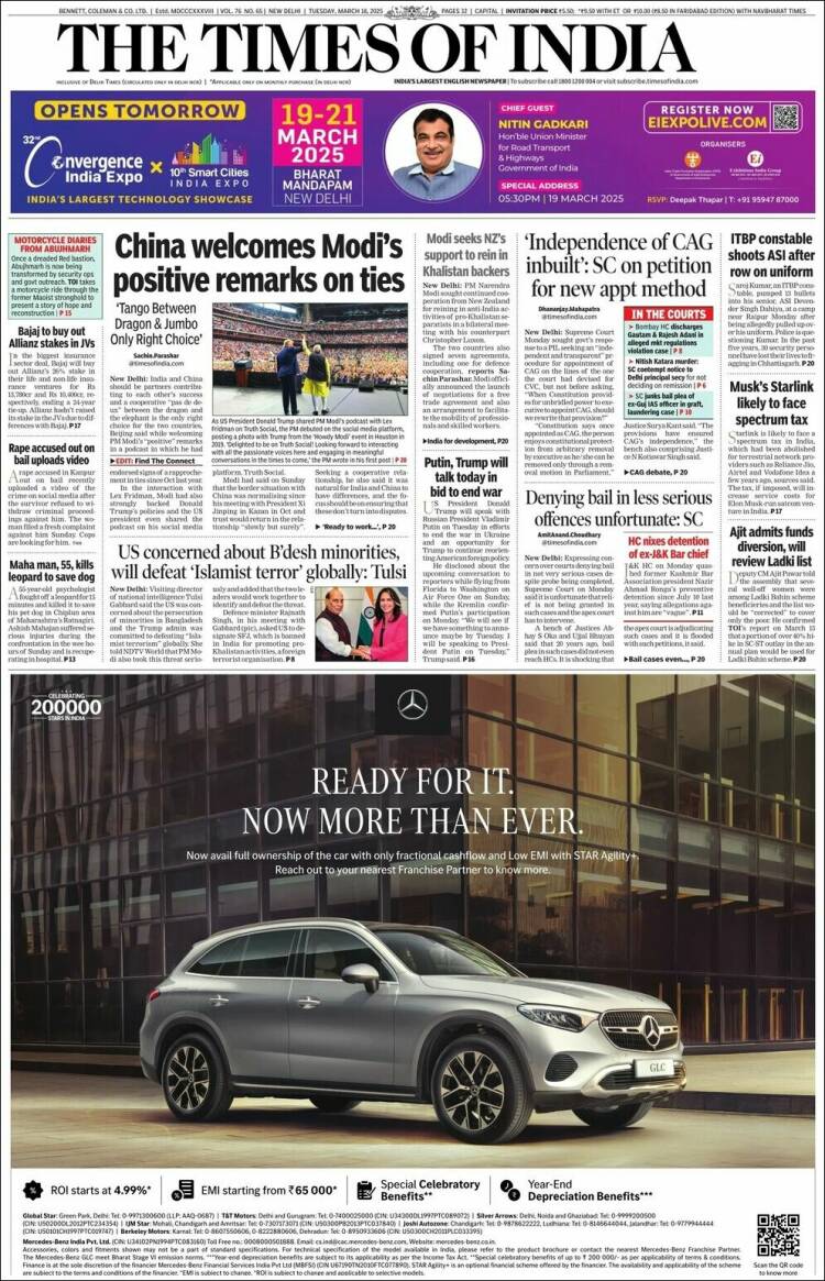 Portada de The Times of India (India)