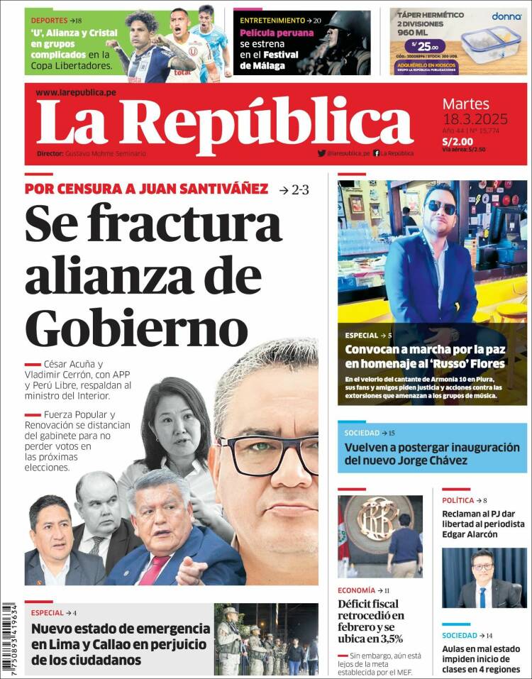 Portada de La Republica (Per&uacute;)