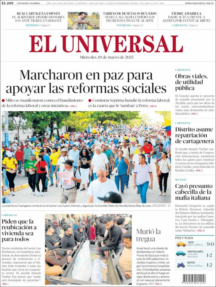 Portada de El Universal (Colombia)