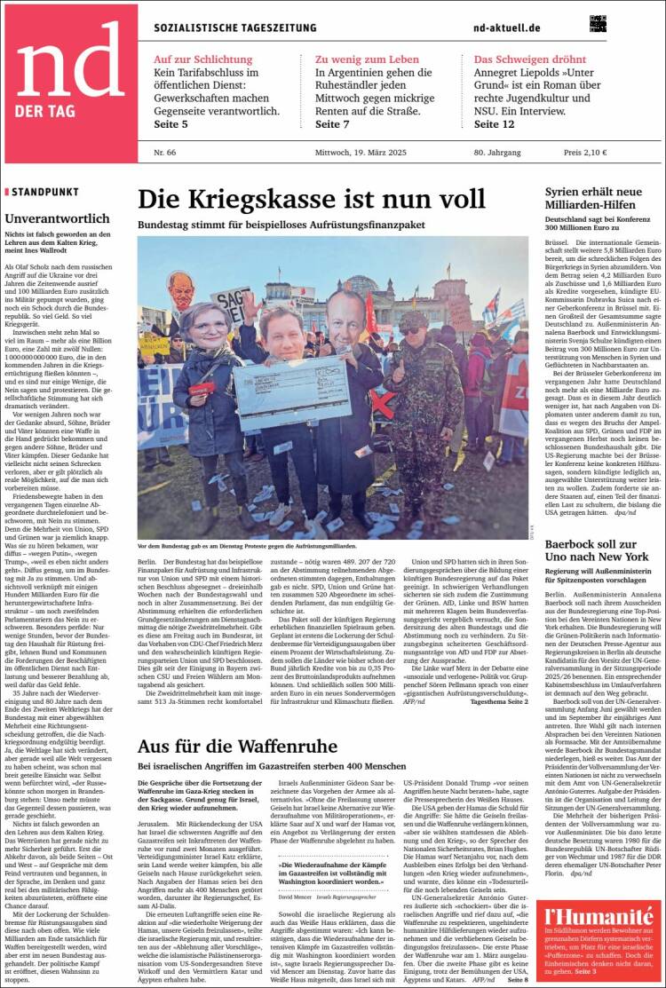Portada de Neues Deutschland (Alemania)