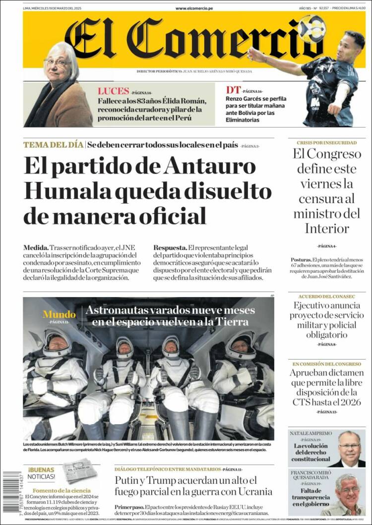 Portada de El Comercio (Per&uacute;)