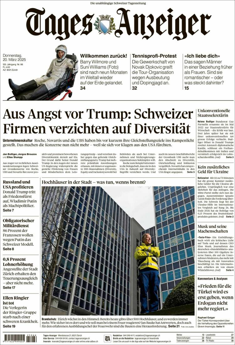 Portada de Tages-Anzeiger (Suiza)