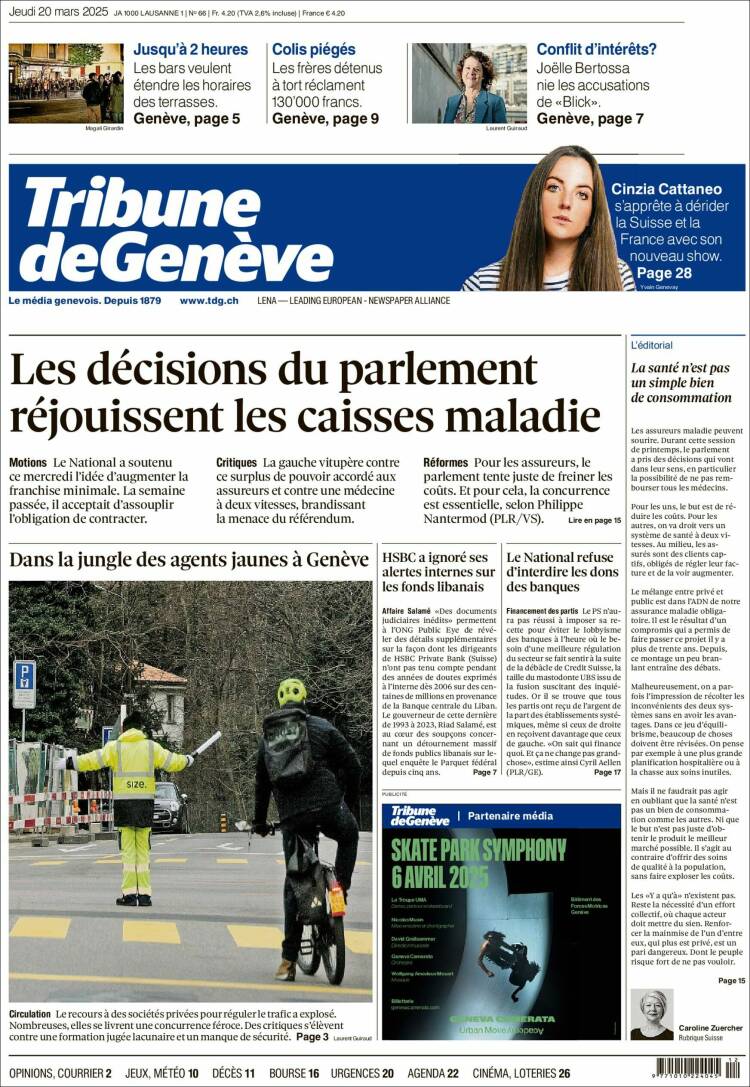 Portada de La Tribune de Genève (Suiza)
