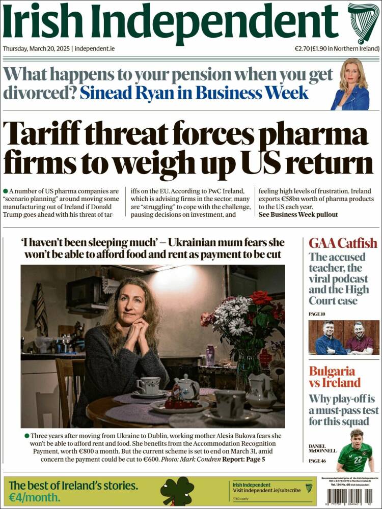 Portada de Irish Independent (Irlanda)