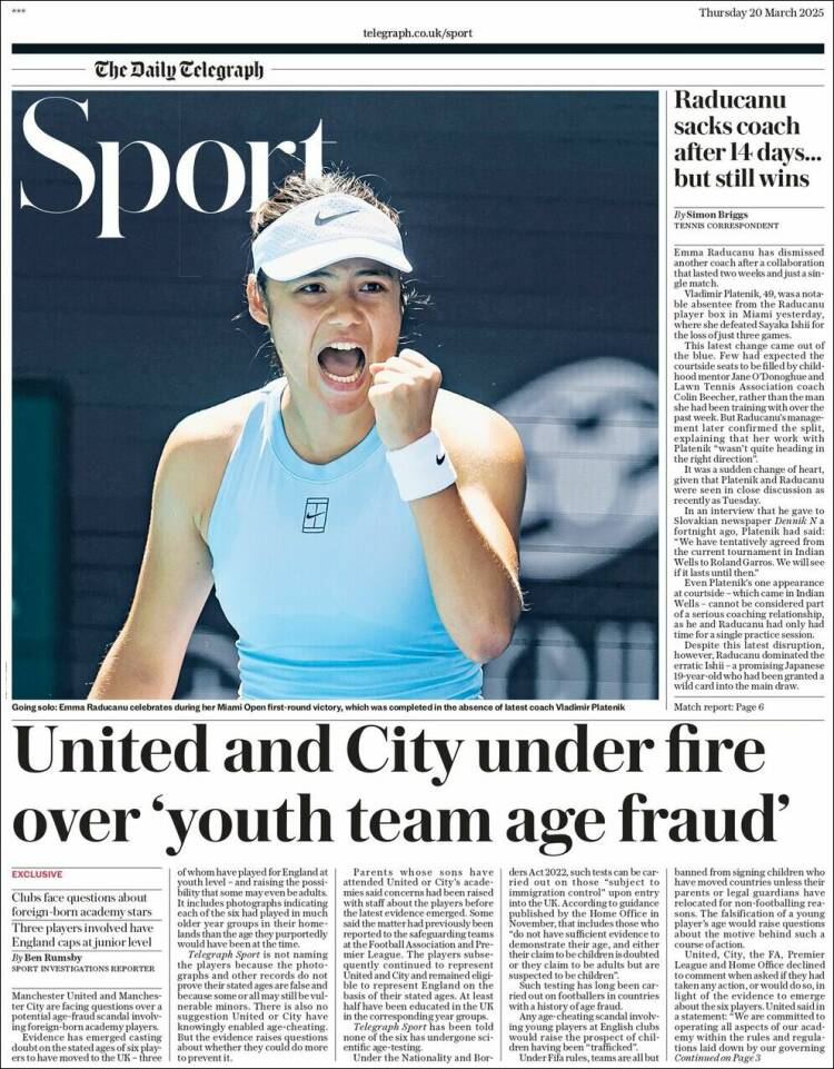 Portada de Telegraph Sport (Reino Unido)