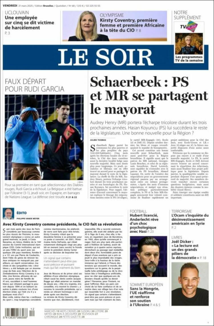 Portada de Le Soir (B&eacute;lgica)