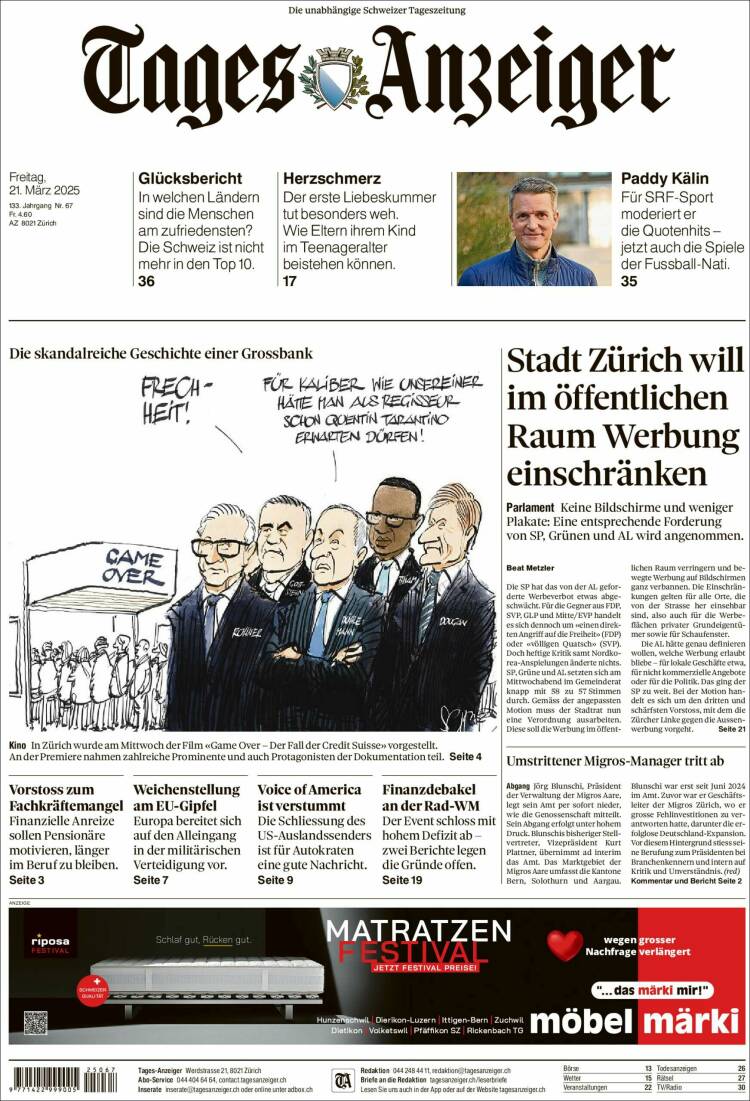 Portada de Tages-Anzeiger (Suiza)