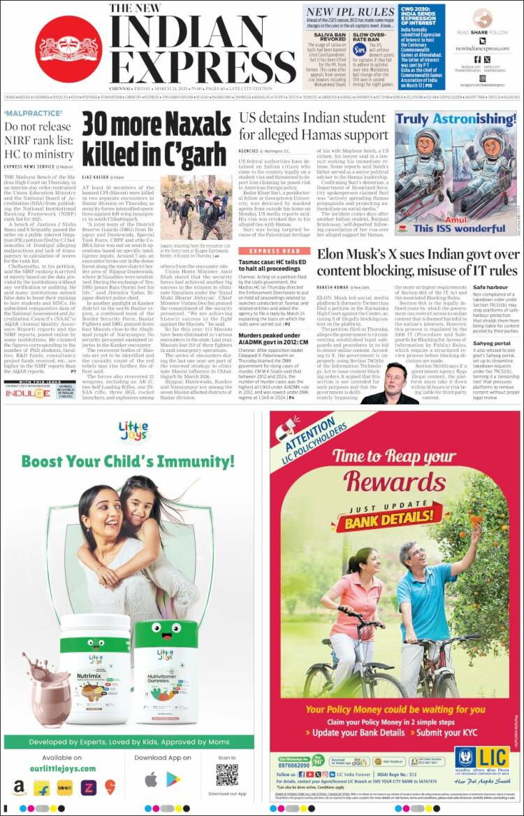 Portada de New Indian Express (India)