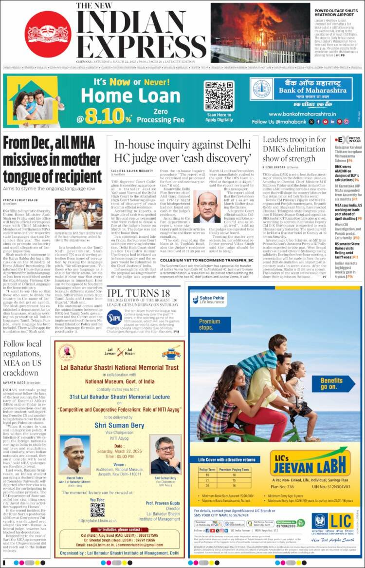 Portada de New Indian Express (India)